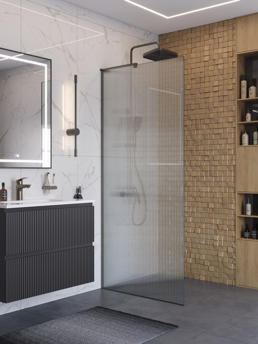 Душевая перегородка BelBagno UNO-L-1-TB-90-FL-GM профиль оружейная сталь, стекло  рифленое FLUTTO