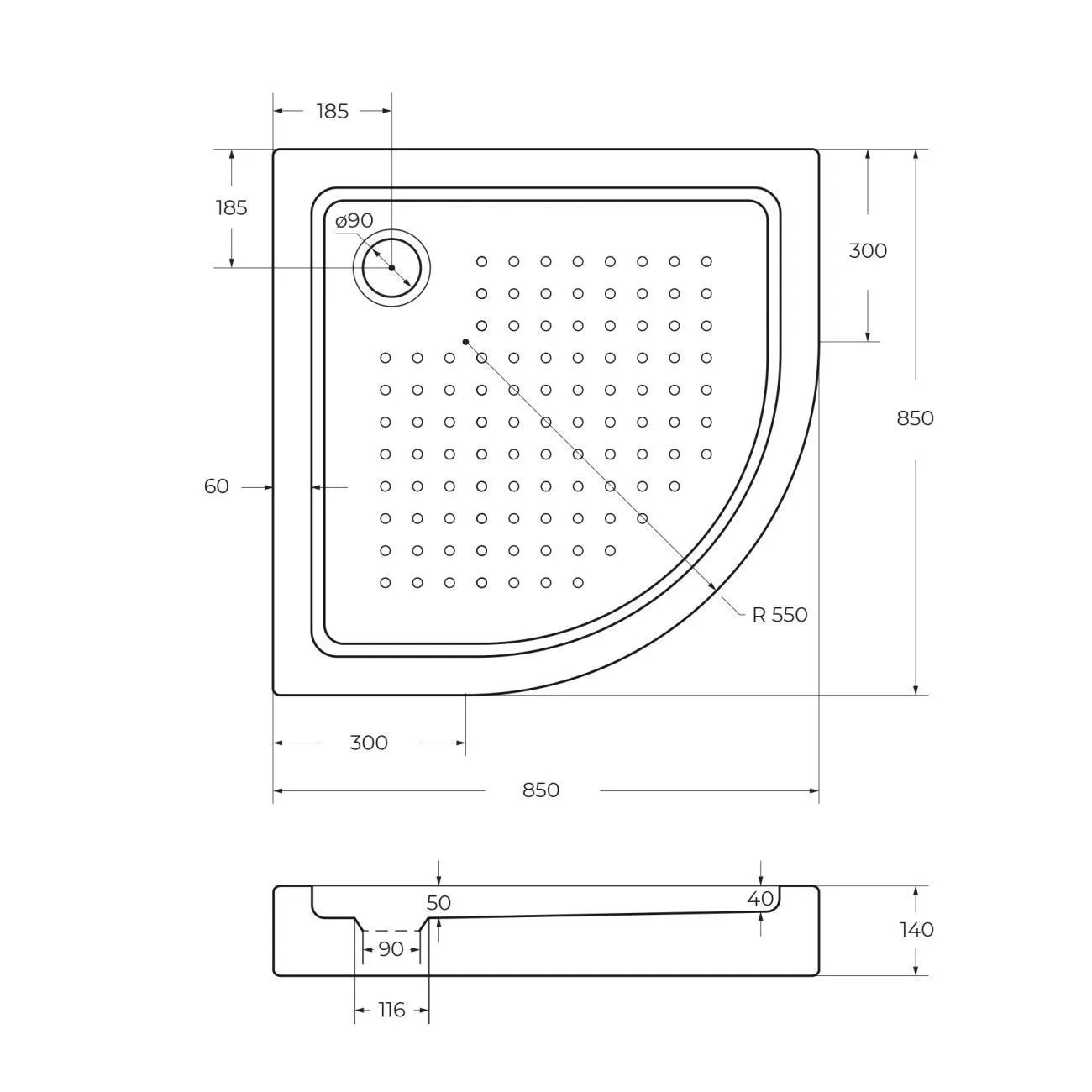 Акриловый поддон 85х85 Cezares TRAY-A-R-85-550-15-W с сифоном