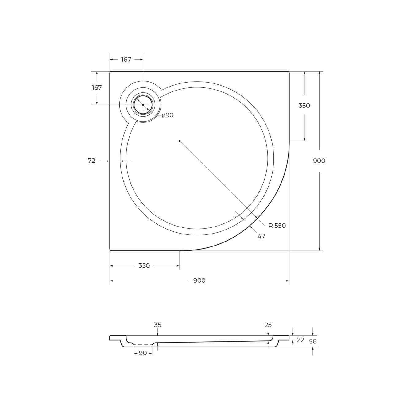 Душевой поддон из искусственного мрамора 90х90 Cezares TRAY-S-R-90-550-56-W без сифона