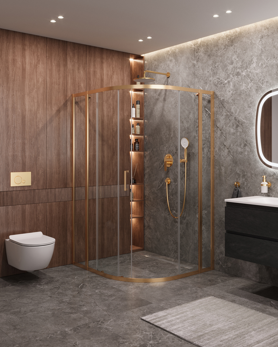 Душевой уголок Cezares MOLVENO-RH-11-120/110-C-Cr-IV, 120х110х195, профиль брашированное золото, прозрачное стекло