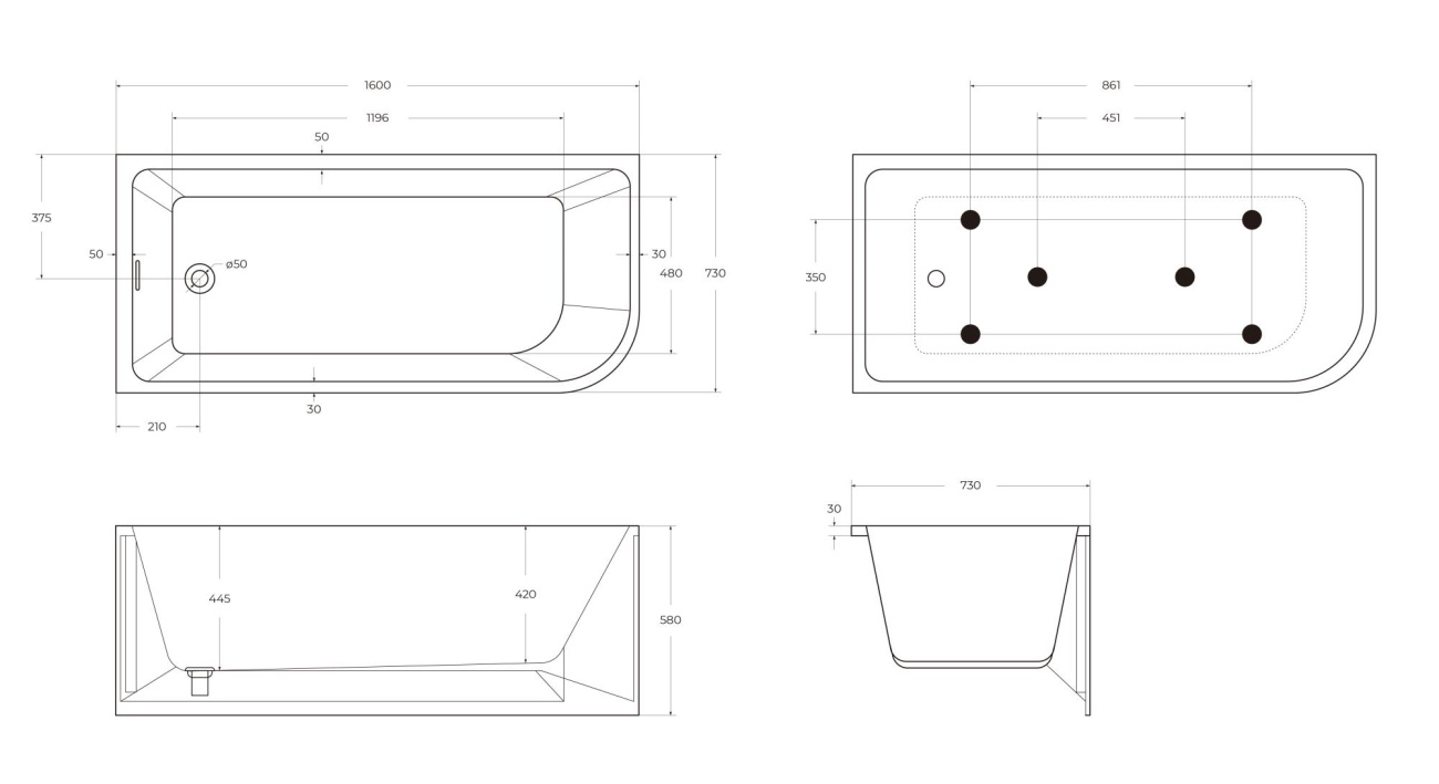 Асимметричная угловая акриловая ванна BelBagno BB712-1600-730-L