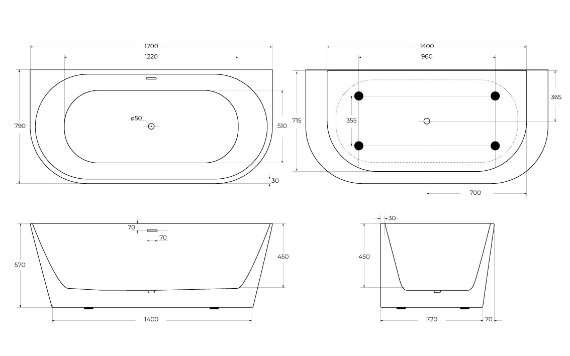 Ванна пристенная BelBagno BB710-1700-800