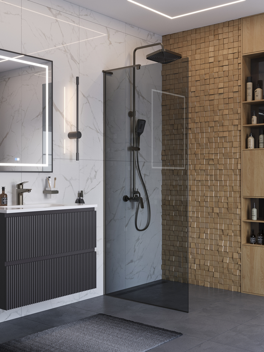 Душевая перегородка BelBagno UNO-L-1-TB-90-GR-GM профиль оружейная сталь, стекло серое
