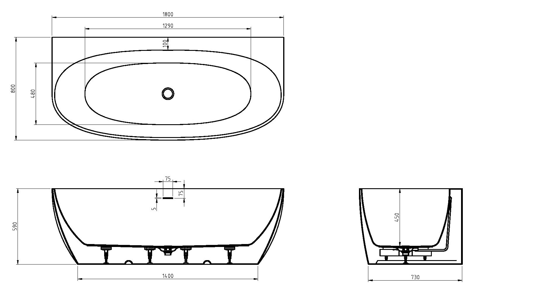 Ванна пристенная CEZARES 180x80 CZR-STYLUS-WALL-180-80-59