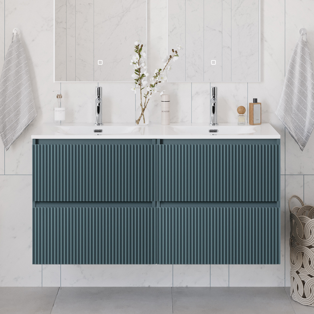 купить Тумба с раковиной подвесная BelBagno UNO-1200-4C-SO-AO Голубой матовый, раковина белая BB-8099-120-2 с 2-я чашами 