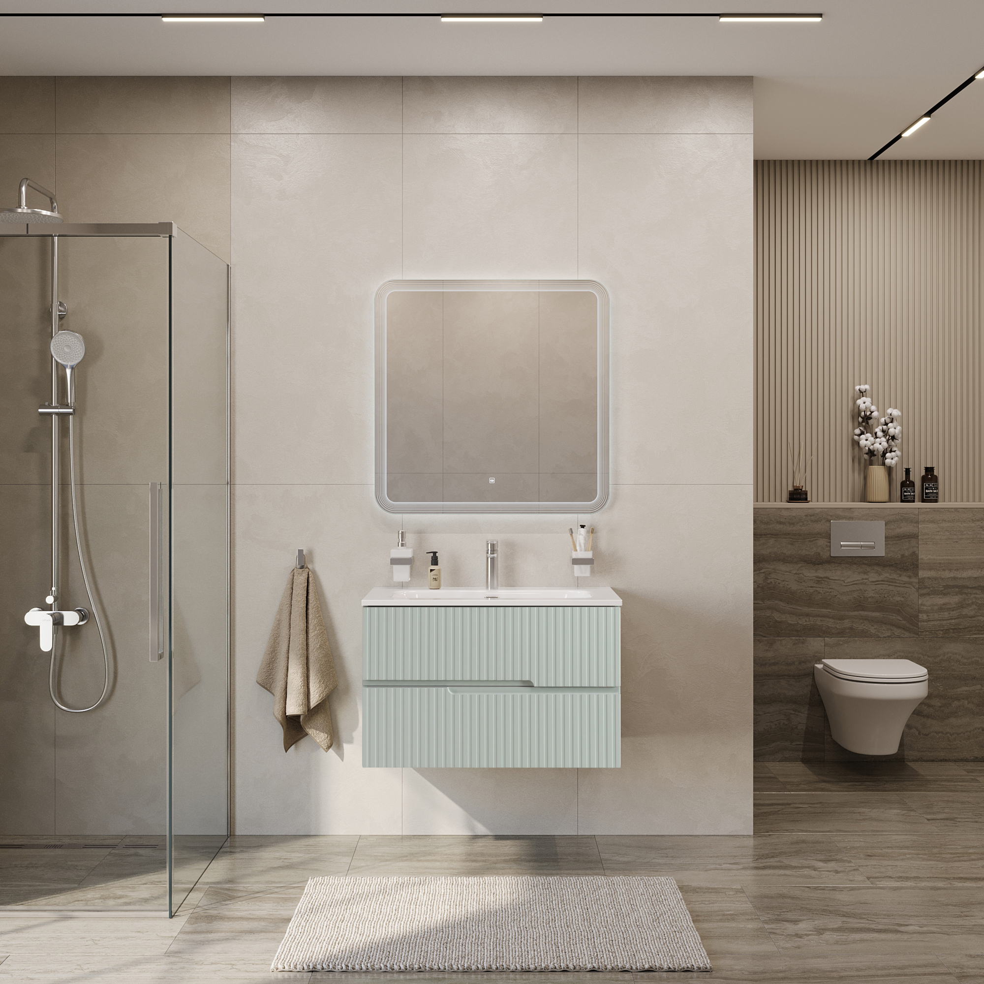 Тумба подвесная CEZARES DUET-N-800-2C-SO-VPR-P с раковиной CZR-8073-80, зеленый жемчужный