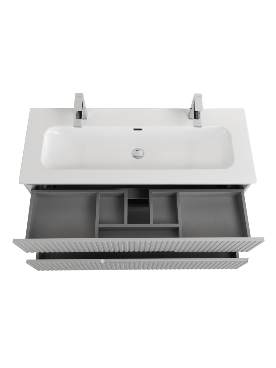 Тумба подвесная CEZARES DUET-N-1200-2C-SO-GPR-P с раковиной CZR-8073-120-1-2 с двумя отверстиями для смесителей, серый жемчужный
