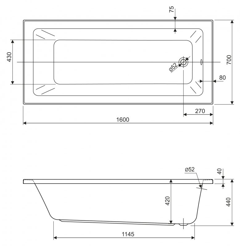 Ванна акриловая 160х70 Cezares PLANE SOLO MINI-160-70-42-W37