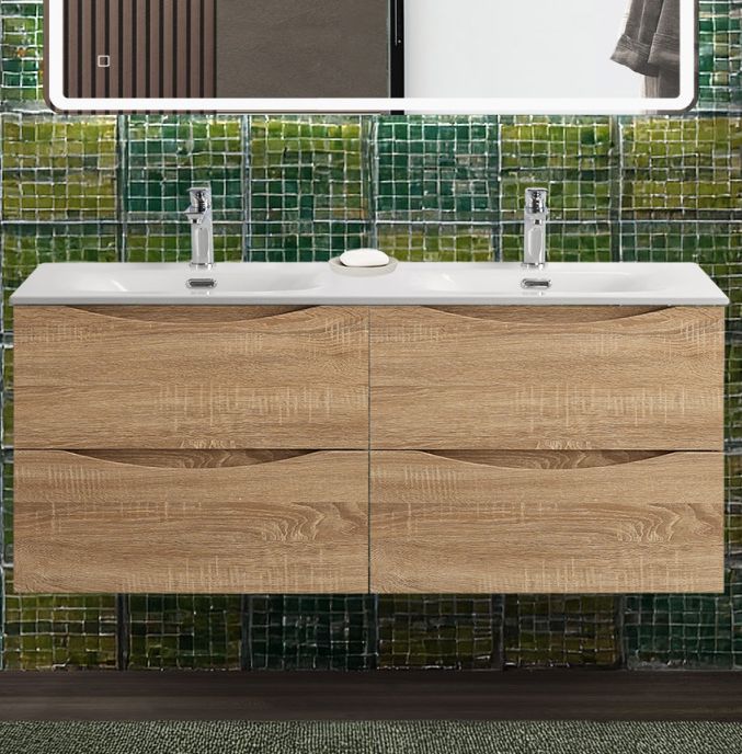 Тумба с раковиной подвесная BelBagno MARINO-CER-N-1200-4C-SO-WO-P Rovere Bianco, раковина белая BB-8099-120-2 с 2-я чашами
