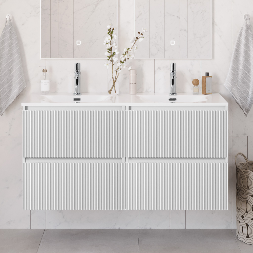 купить Тумба с раковиной подвесная BelBagno UNO-1200-4C-SO-BO Bianco Opaco, раковина белая BB-8099-120-2 с 2-я чашами 