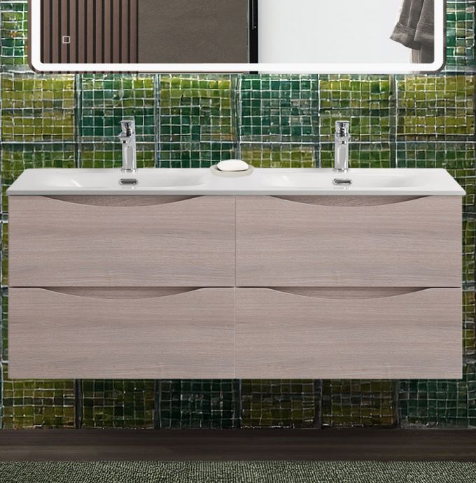 купить Тумба с раковиной подвесная BelBagno MARINO-CER-N-1200-4C-SO-RG-P Rovere Grigio, раковина белая BB-8099-120-2 с 2-я чашами 