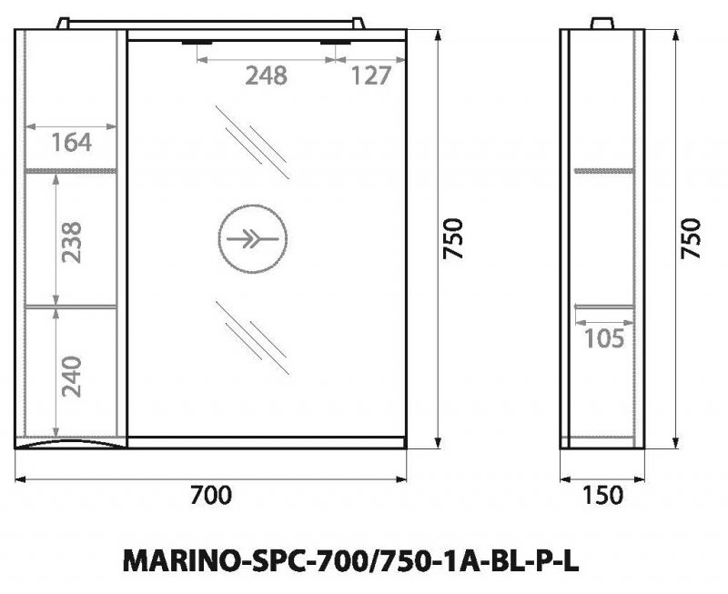 Зеркальный шкаф левосторонний BelBagno MARINO-SPC-700/750-1A-BL-P-L