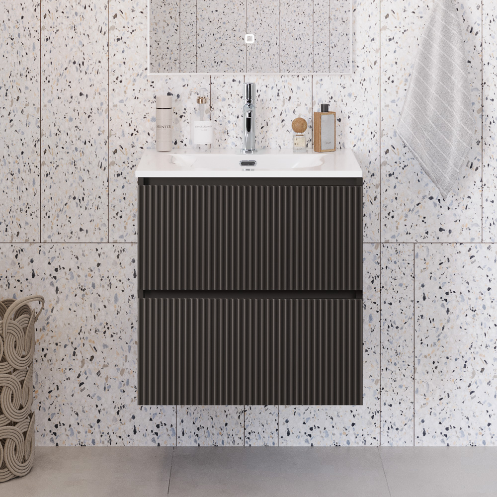 Тумба с раковиной подвесная BelBagno UNO-MINI-600-2C-SO-GSO Темно-Серый матовый, раковина белая BB-8099-3-60