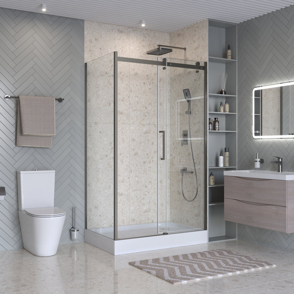 Душевой уголок BelBagno MARINO-2-AH-1-140/100-C-GM 140х100см профиль оружейная сталь, стекло прозрачное