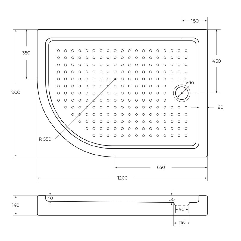Поддон акриловый 120х90 правосторонний Cezares TRAY-A-RH-120/90-550-15-W-R с сифоном