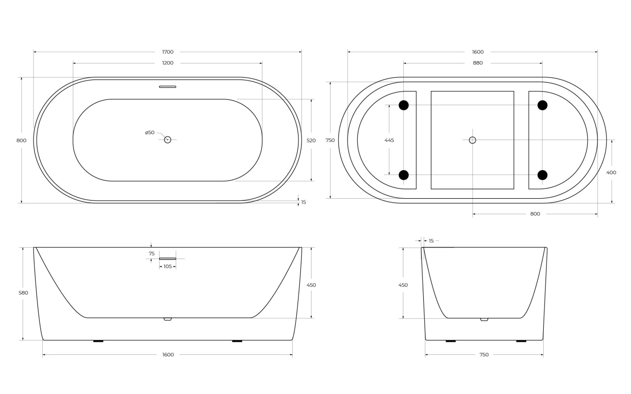 Ванна акриловая отдельностоящая BelBagno BB411-1700-800