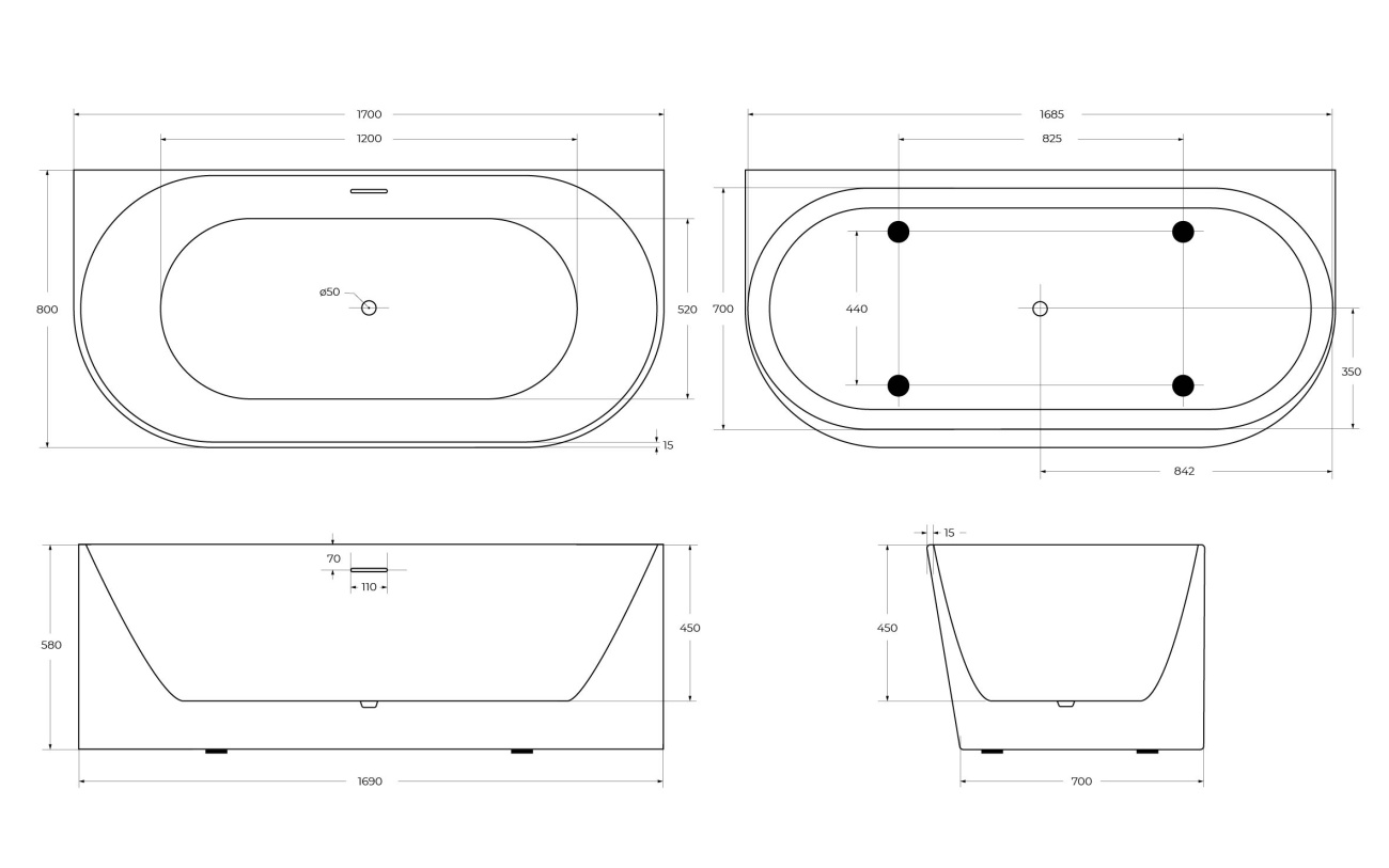 Ванна акриловая пристенная матовая BelBagno BB412-1700-800-MATT
