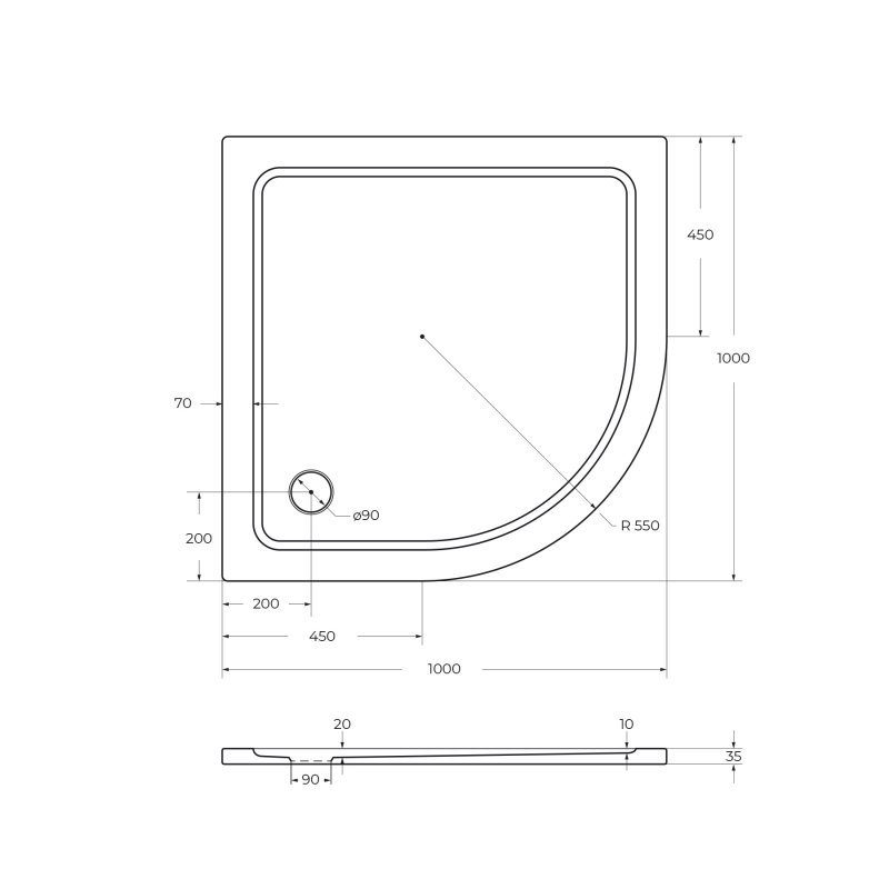 Поддон из SMC (стекловолокно) 100х100 Cezares TRAY-M-R-100-550-35-W без сифона