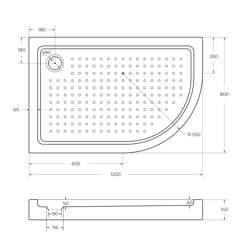 Поддон акриловый 120х80 левосторонний Cezares TRAY-A-RH-120/80-550-15-W-L с сифоном