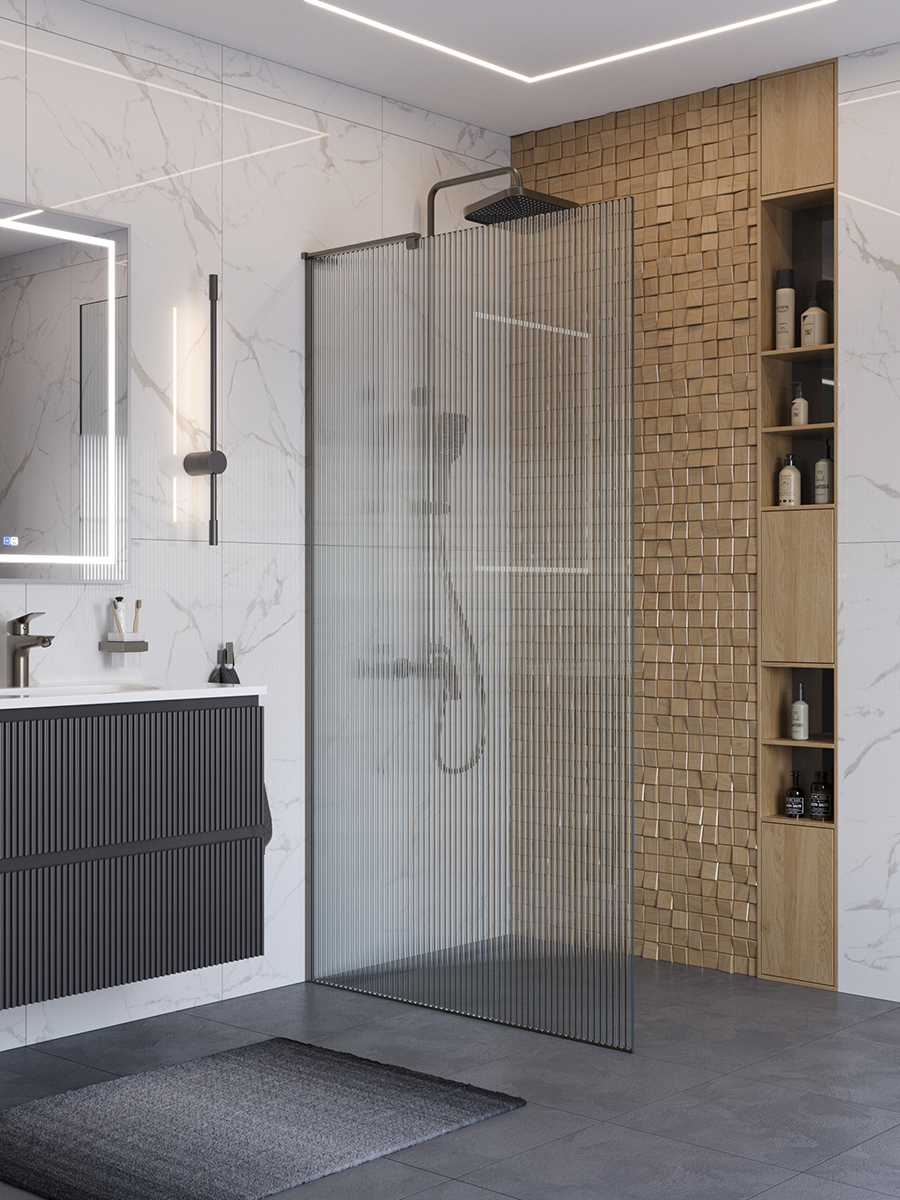 купить Душевая перегородка BelBagno UNO-L-1-TB-100-FL-GM профиль оружейная сталь, стекло  рифленое FLUTTO 