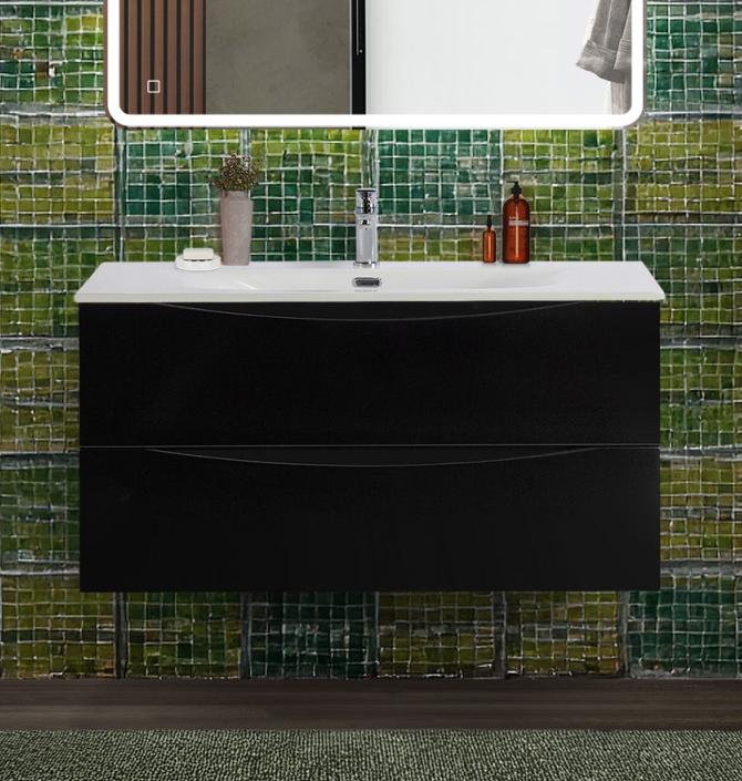 купить Тумба с раковиной подвесная BelBagno MARINO-CER-N-1000-2C-SO-NL-P Nero Lucido, раковина белая BB-8099-100 