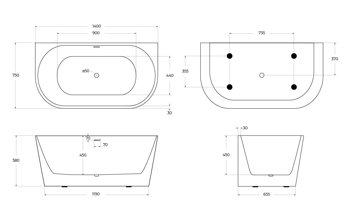 Ванна пристенная BelBagno BB710-1400-750