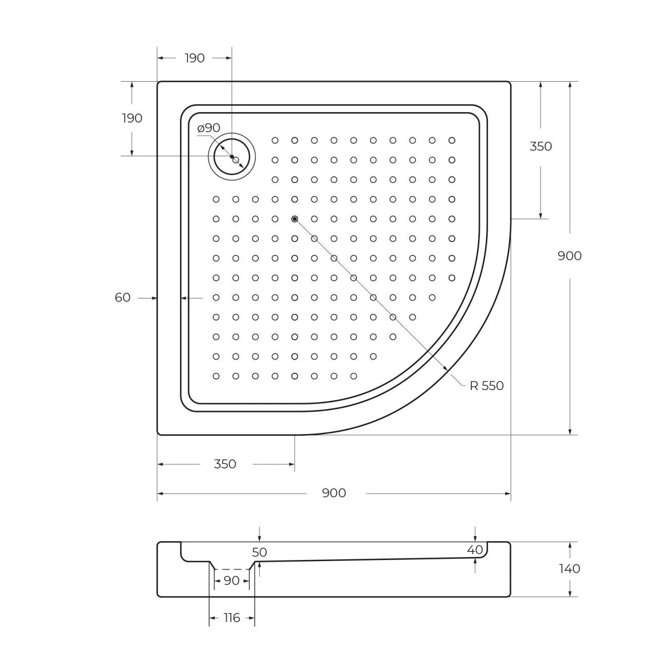 Акриловый поддон 90х90 Cezares TRAY-A-R-90-550-15-W-W0 без сифона 