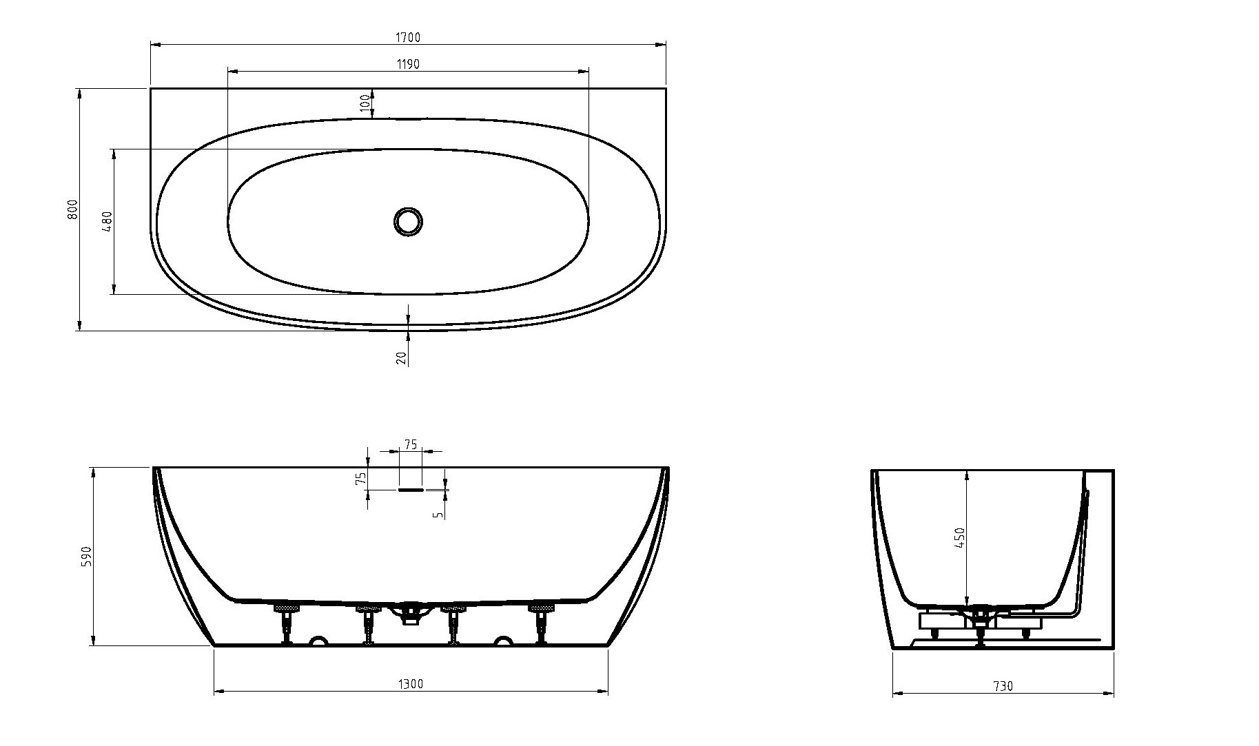 Ванна пристенная CEZARES 170x80 CZR-STYLUS-WALL-170-80-59