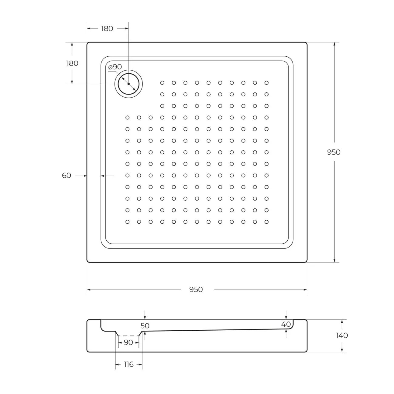 Акриловый поддон 95х95 Cezares TRAY-A-A-95-15-W с сифоном