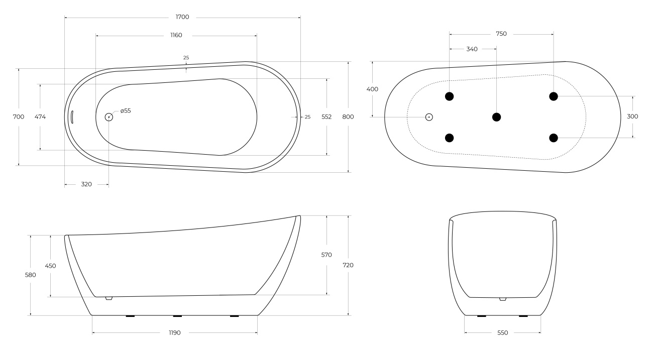 Ванна отдельностоящая BelBagno BB704-1700-800-K