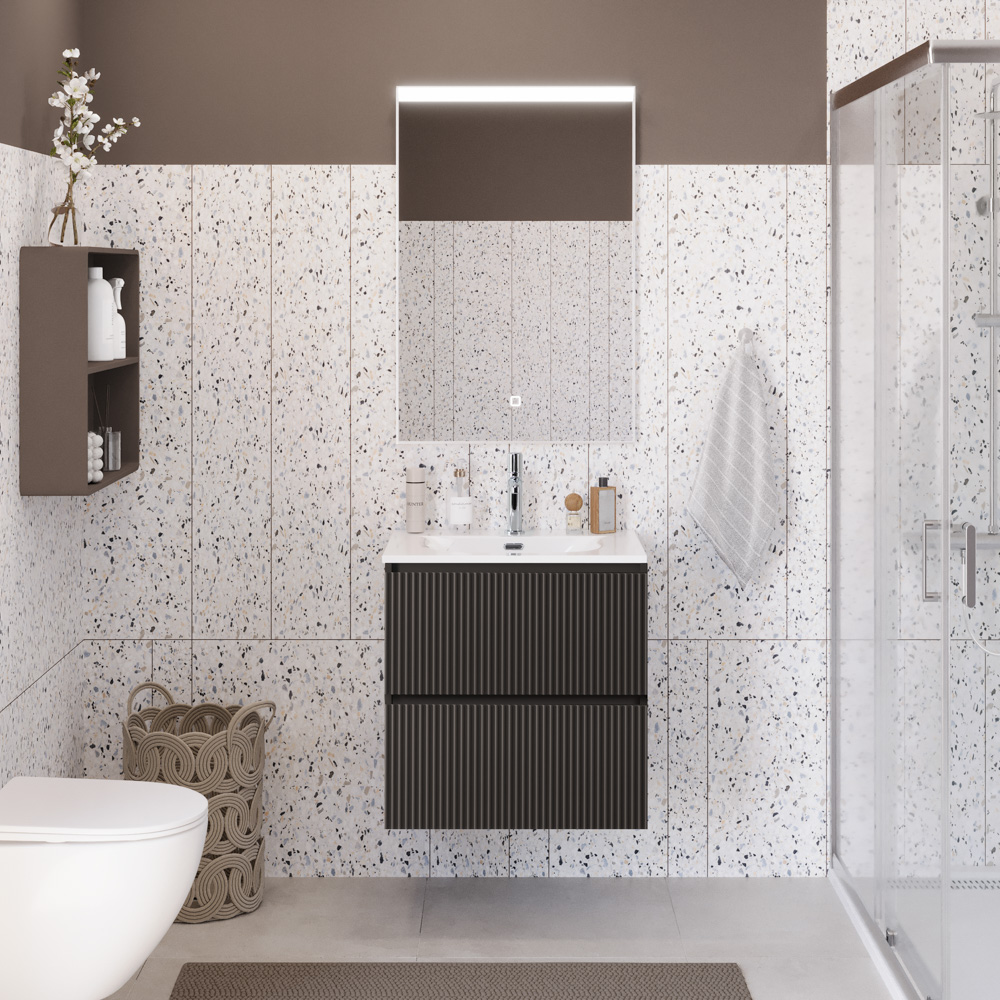 Тумба с раковиной подвесная BelBagno UNO-MINI-600-2C-SO-GSO Темно-Серый матовый, раковина белая BB-8099-3-60