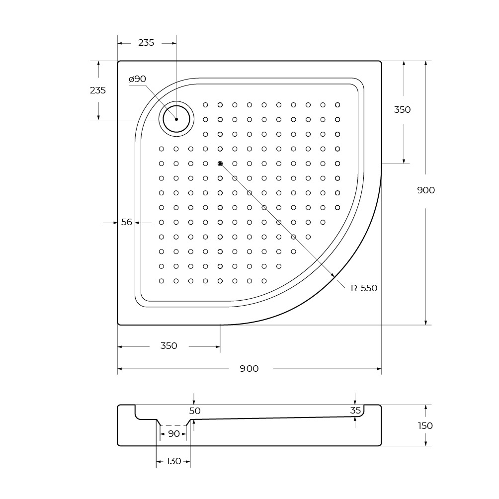 Акриловый поддон 90х90 BelBagno TRAY-BB-R-90-550-15-W с сифоном