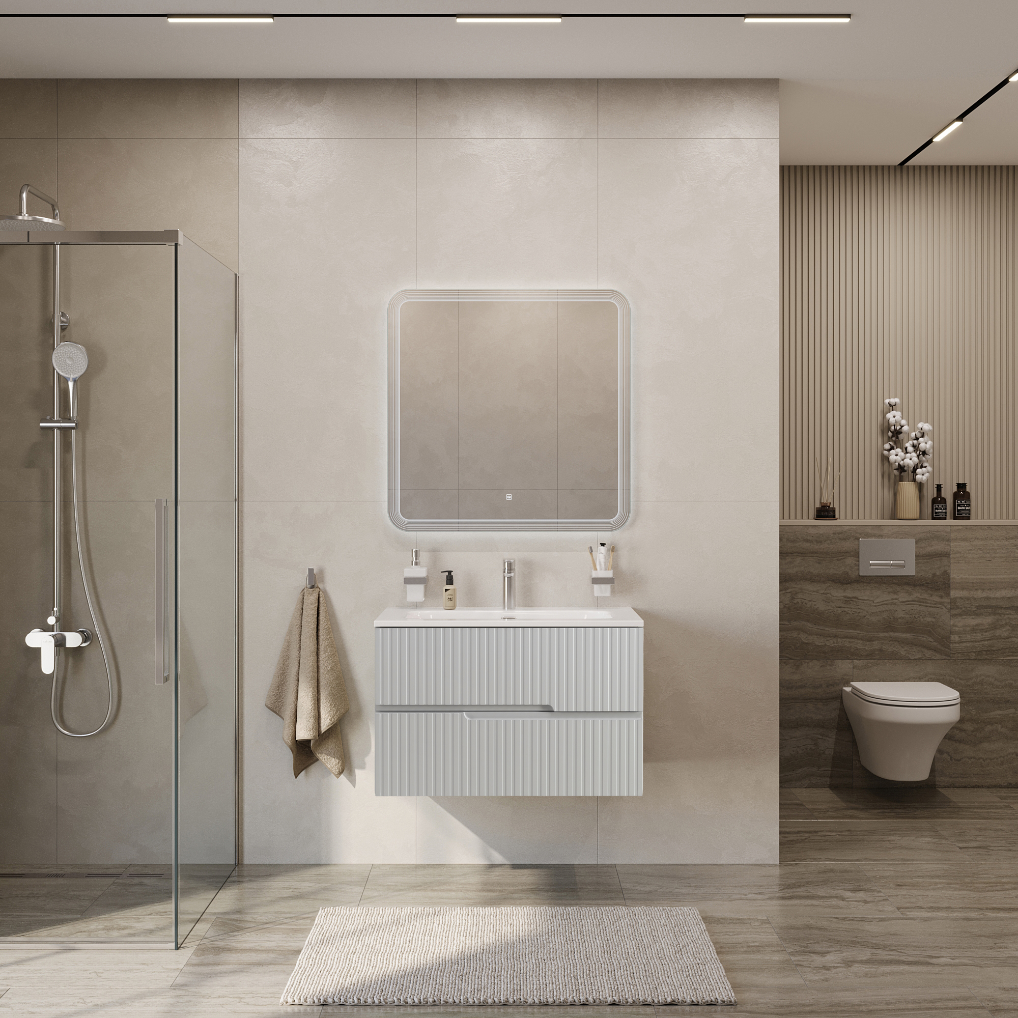 Тумба подвесная CEZARES DUET-N-800-2C-SO-GPR-P с раковиной CZR-8073-80, серый жемчужный