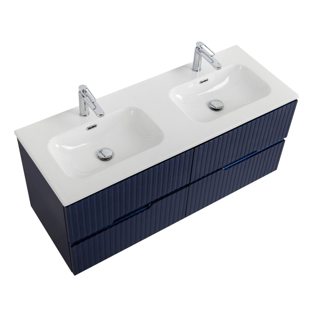 Тумба подвесная CEZARES DUET-N-1200-4C-SO-2-SPF-P с раковиной CZR-8073-120-2 с двумя чашами, сапфир