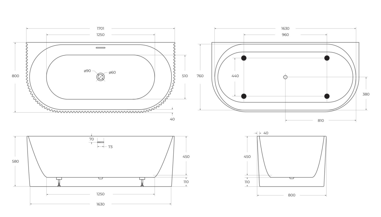 Ванна пристенная BelBagno BB713-1700-800
