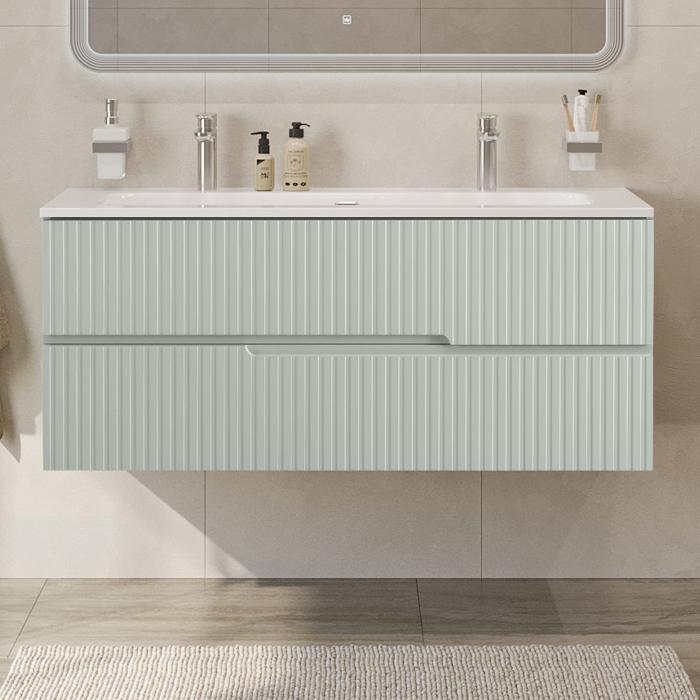 Тумба подвесная CEZARES DUET-N-1200-2C-SO-VPR-P с раковиной CZR-8073-120-1-2 с двумя отверстиями для смесителей, зеленый жемчужный