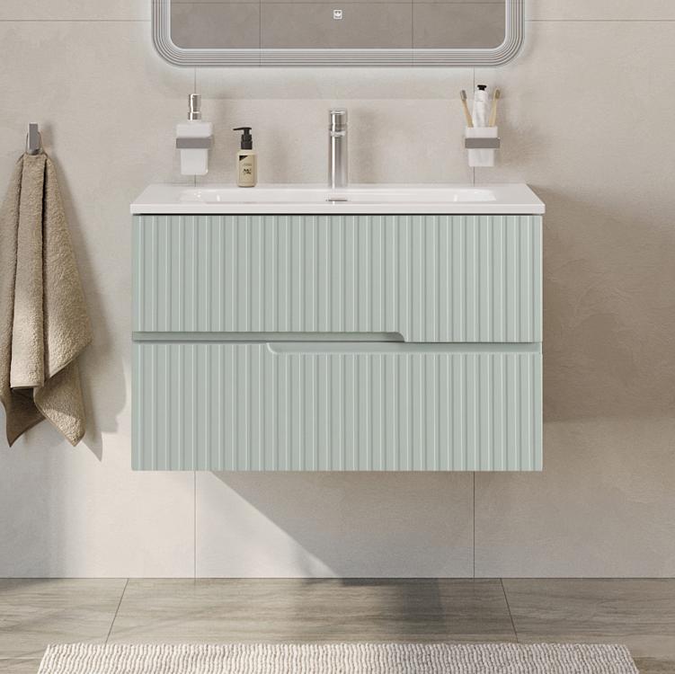 Тумба подвесная CEZARES DUET-N-800-2C-SO-VPR-P с раковиной CZR-8073-80, зеленый жемчужный