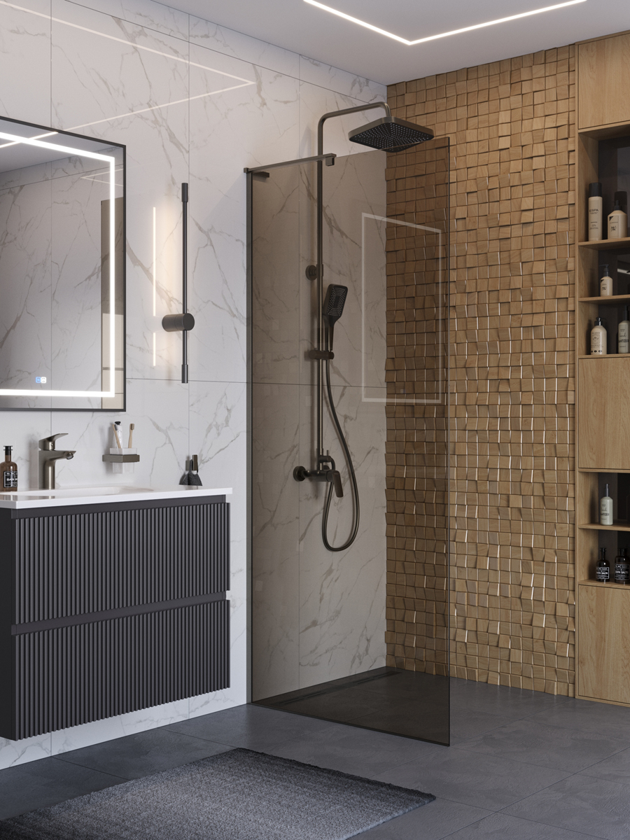 Душевая перегородка BelBagno UNO-L-1-TB-90-BR-GM профиль оружейная сталь, стекло бронза