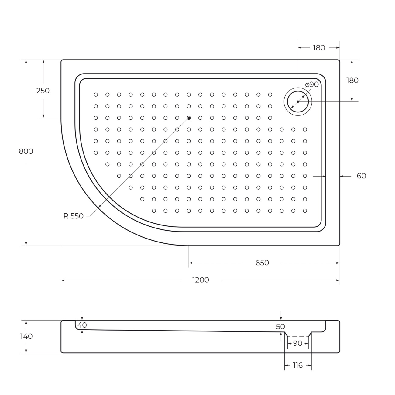 Поддон акриловый 120х80 правосторонний Cezares TRAY-A-RH-120/80-550-15-W-R с сифоном
