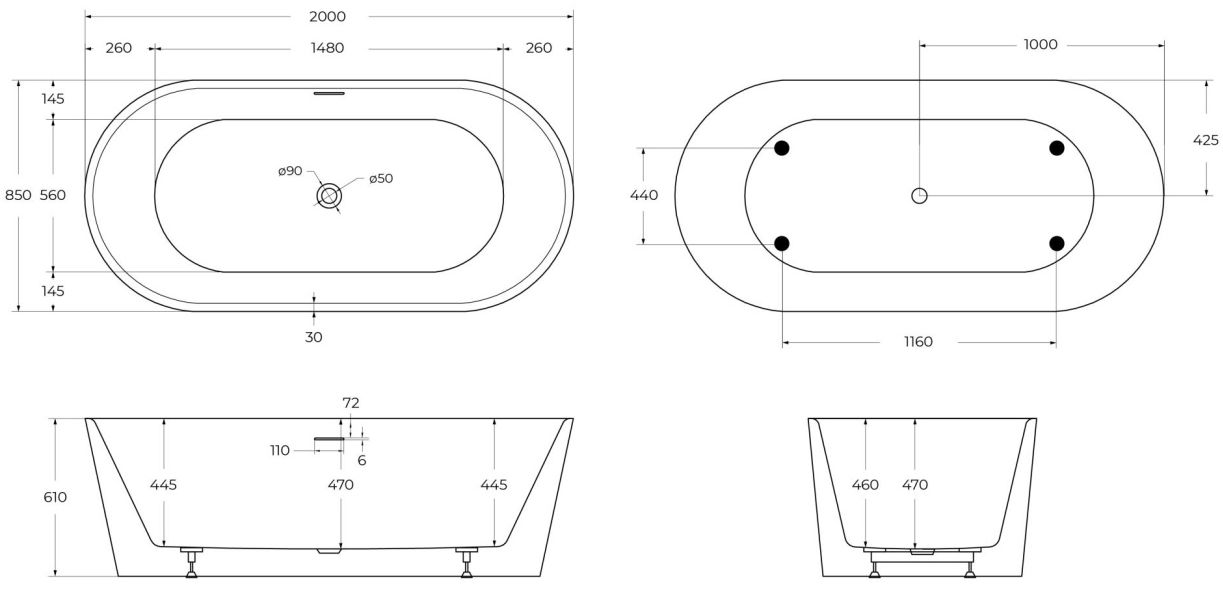 Ванна акриловая отдельностоящая BelBagno BB416-2000-850