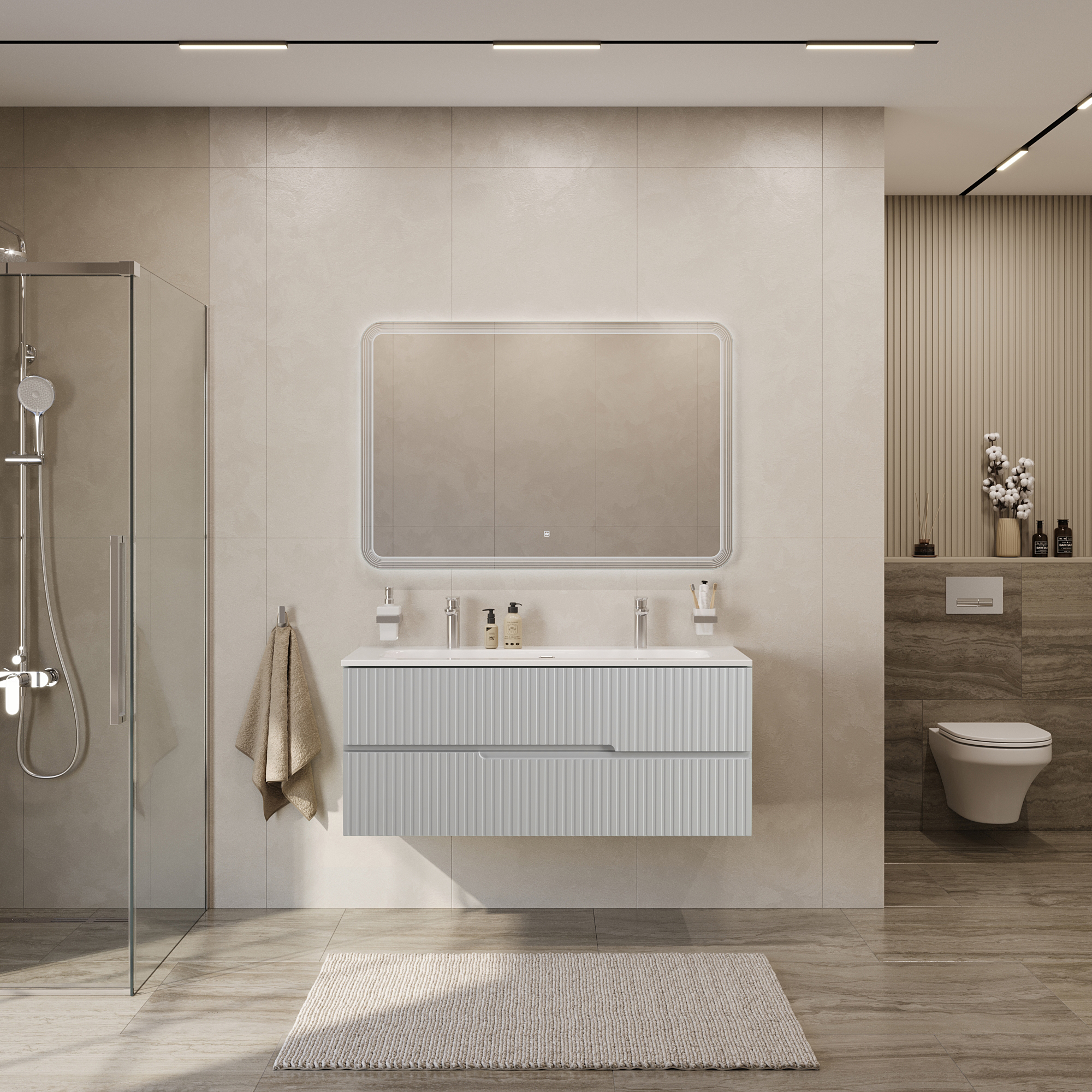 Тумба подвесная CEZARES DUET-N-1200-2C-SO-GPR-P с раковиной CZR-8073-120-1-2 с двумя отверстиями для смесителей, серый жемчужный