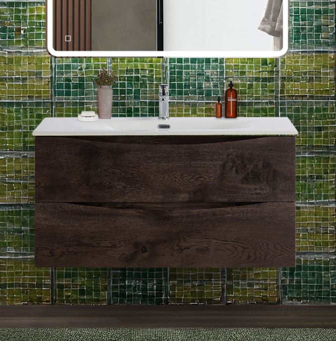 Тумба с раковиной подвесная BelBagno MARINO-CER-N-1000-2C-SO-RNG-P Rovere Nature Grigio, раковина белая BB-8099-100