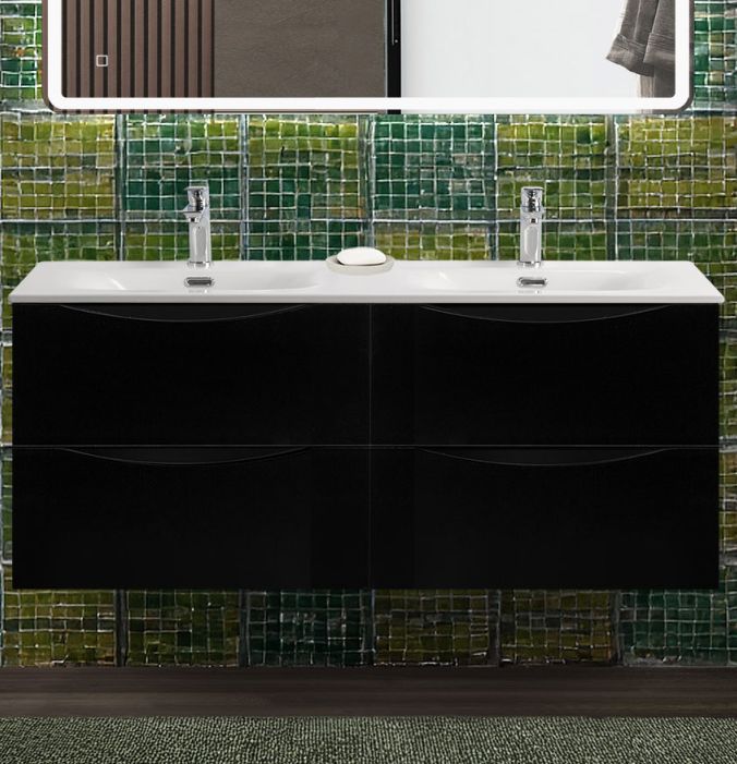 купить Тумба с раковиной подвесная BelBagno MARINO-CER-N-1200-4C-SO-NL-P Nero Lucido, раковина белая BB-8099-120-2 с 2-я чашами 