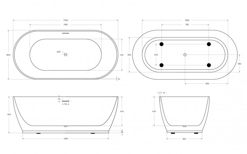 Ванна акриловая отдельностоящая BelBagno BB413-1700-800