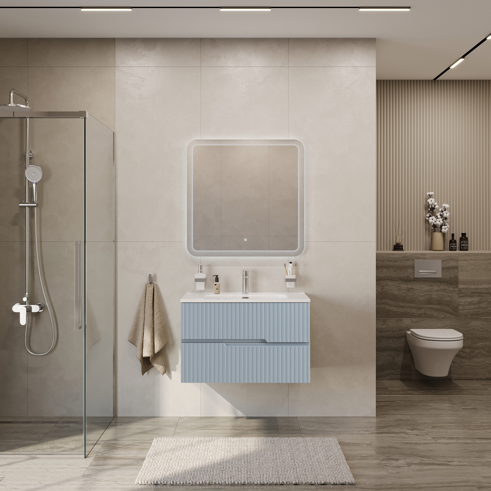 Тумба подвесная CEZARES DUET-N-800-2C-SO-APR-P с раковиной CZR-8095-80, голубой жемчужный