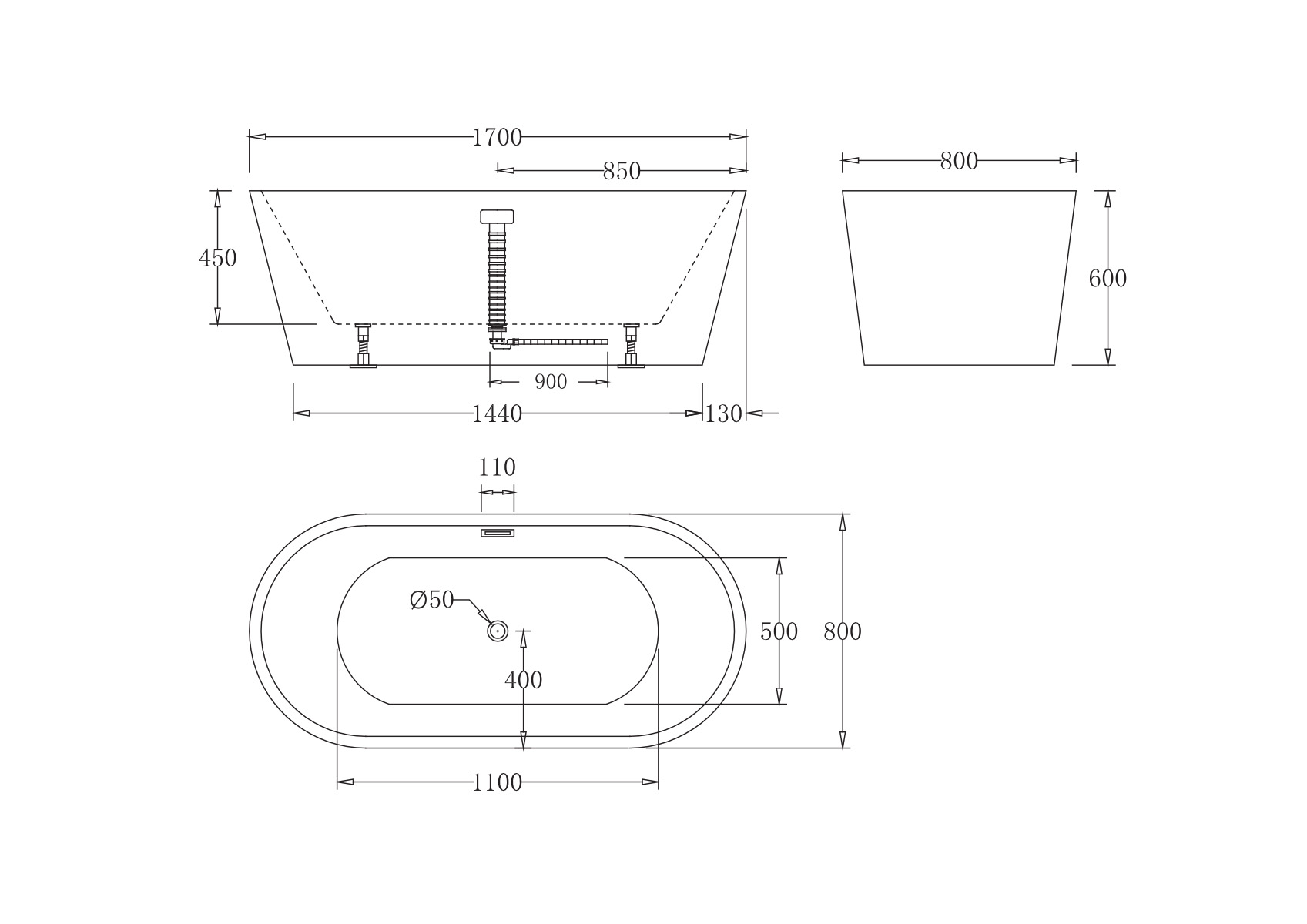 Ванна акриловая отдельностоящая без перелива BelBagno BB71-1700-W0
