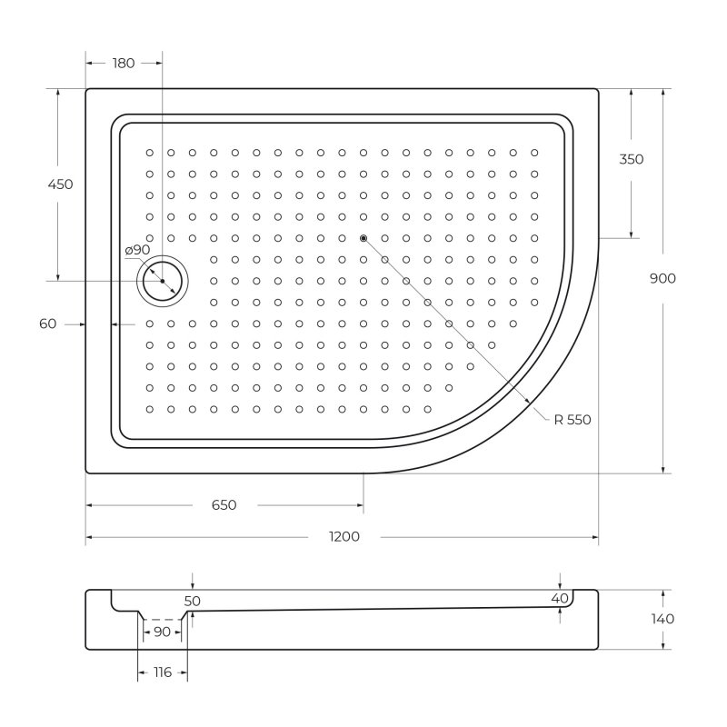 Поддон акриловый 120х90 левосторонний Cezares TRAY-A-RH-120/90-550-15-W-L с сифоном