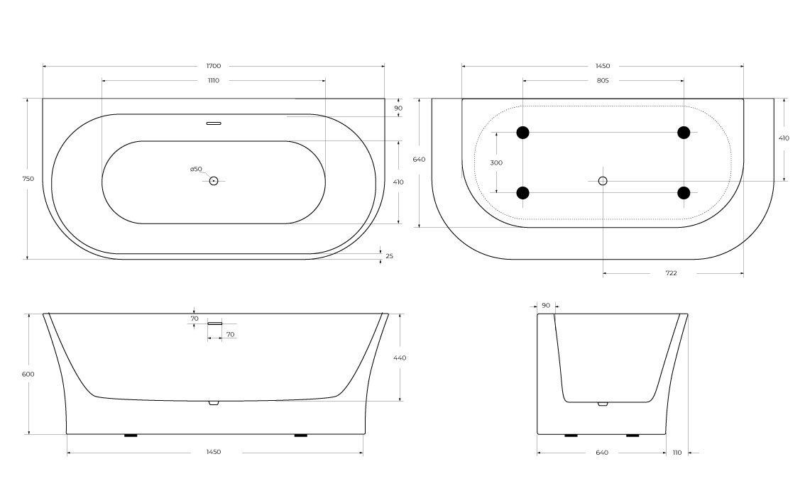 Ванна пристенная BelBagno BB711-1700-750
