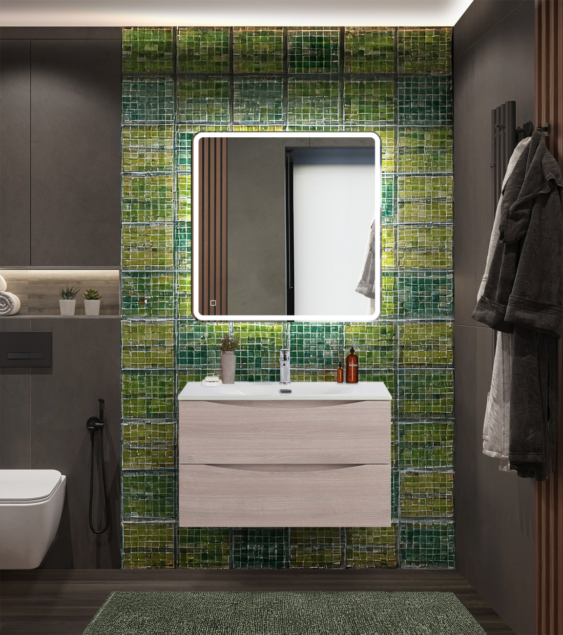 Тумба с раковиной подвесная BelBagno MARINO-CER-N-800-2C-SO-RG-P Rovere Grigio, раковина белая BB-8099-80