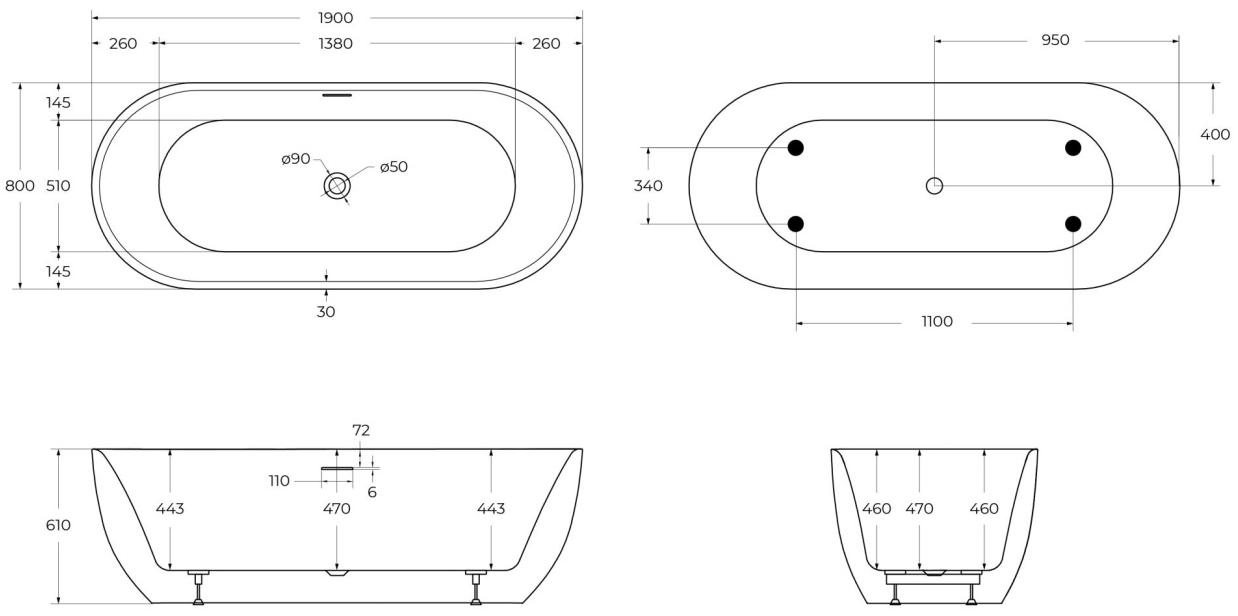 Ванна акриловая отдельностоящая BelBagno BB417-1900-800
